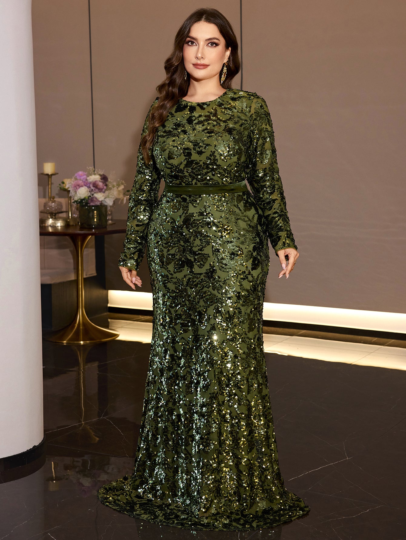 Olive Green Sequin Mermaid Evening Gown