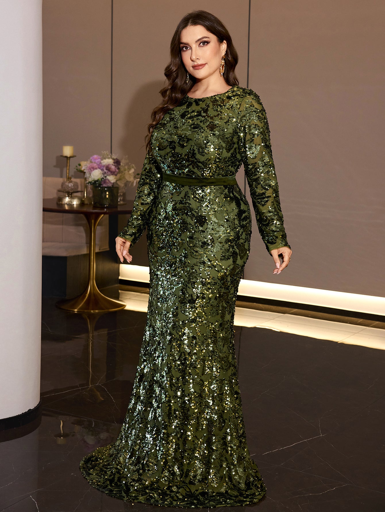 Olive Green Sequin Mermaid Evening Gown