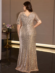Champagne Sequin U-Neck Mermaid Evening Gown