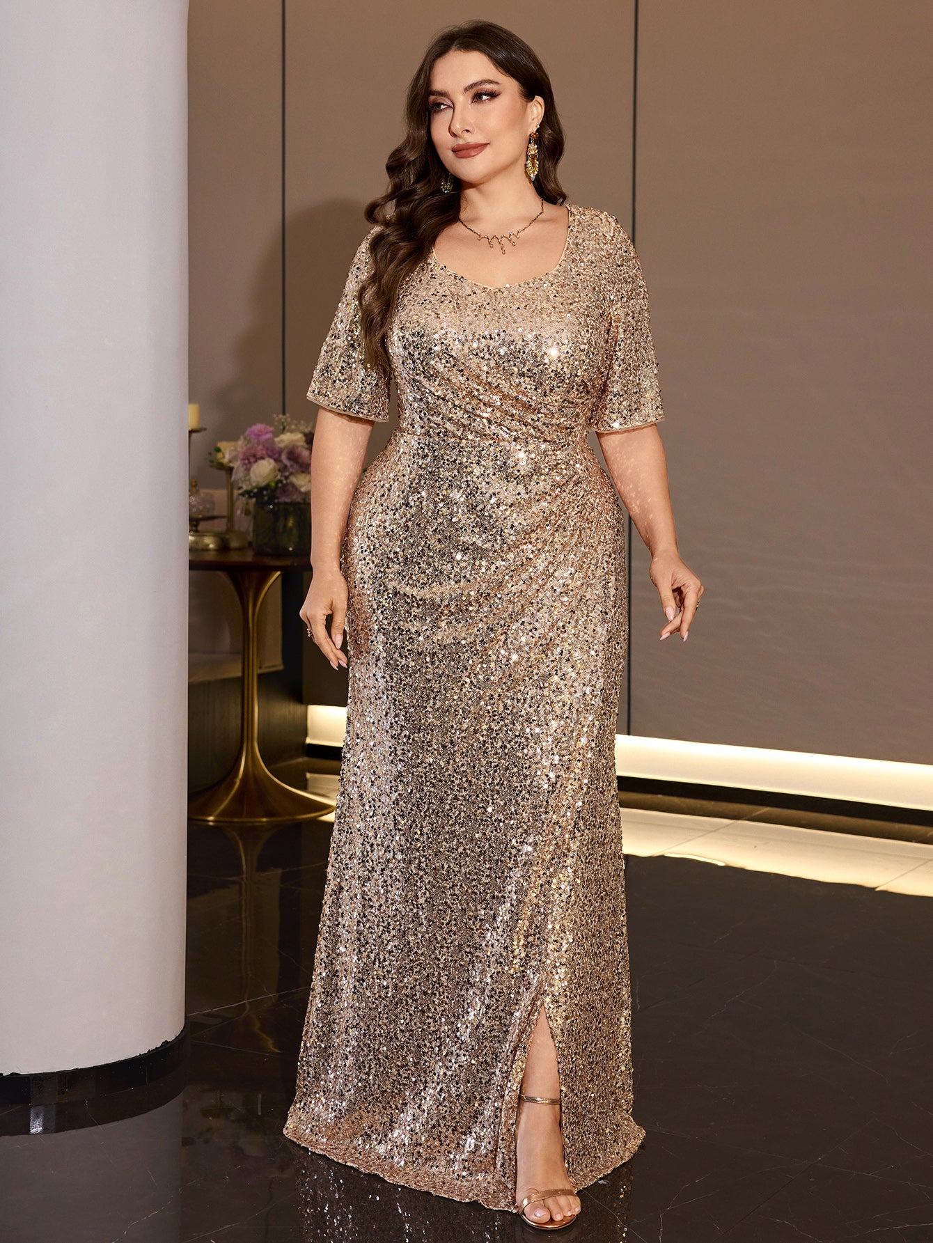 Champagne Sequin U-Neck Mermaid Evening Gown