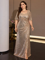 Champagne Sequin U-Neck Mermaid Evening Gown