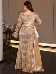 Champagne Floral Sequin Mermaid Evening Gown