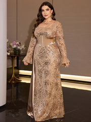 Champagne Floral Sequin Mermaid Evening Gown