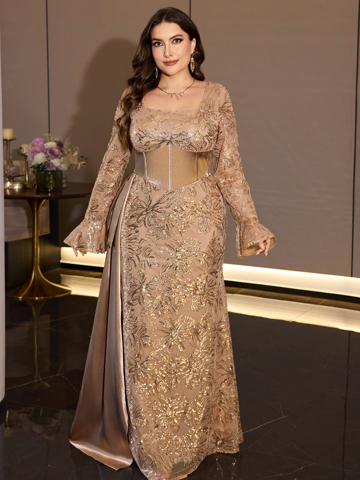 Champagne Floral Sequin Mermaid Evening Gown
