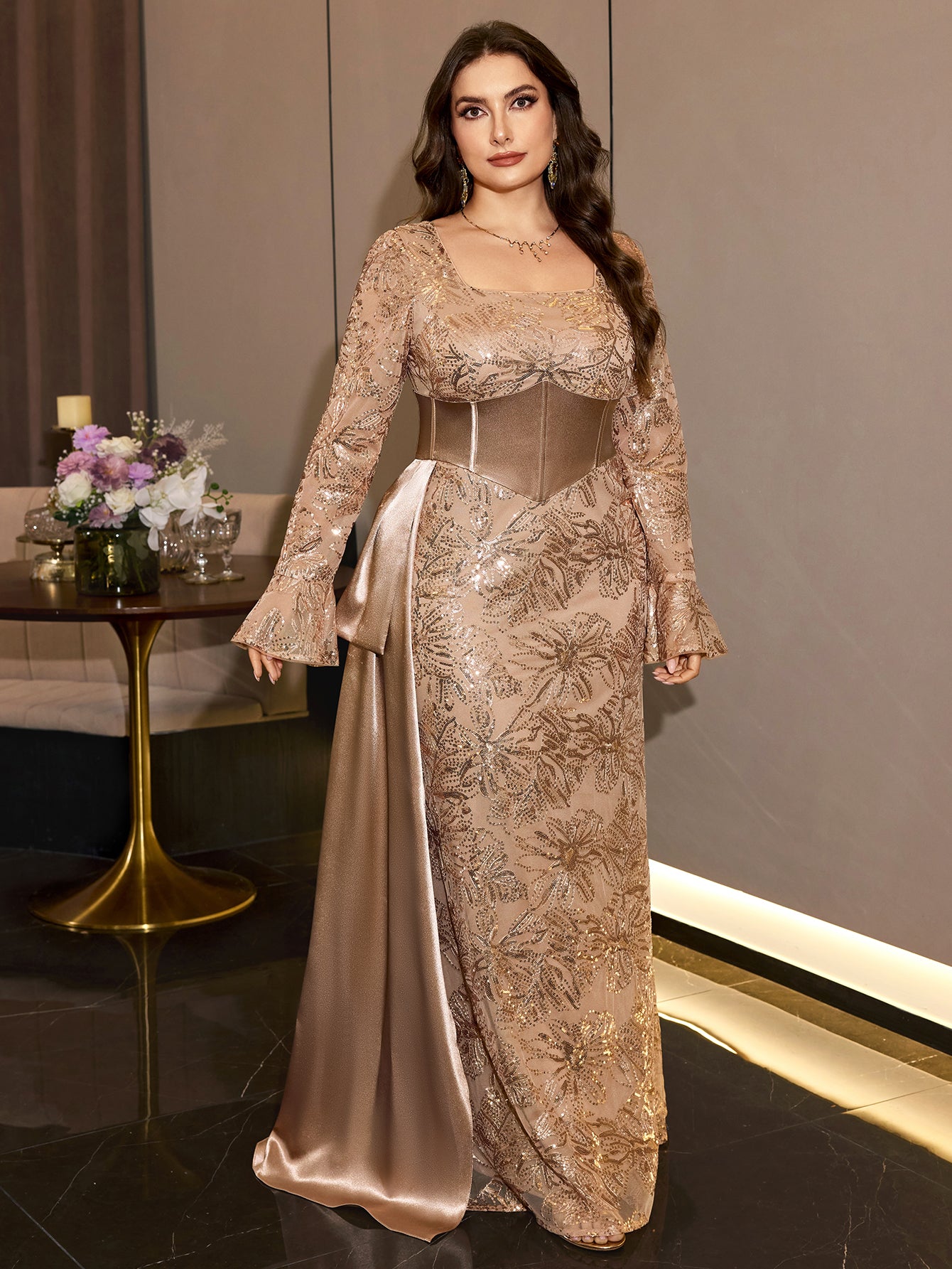 Champagne Floral Sequin Mermaid Evening Gown