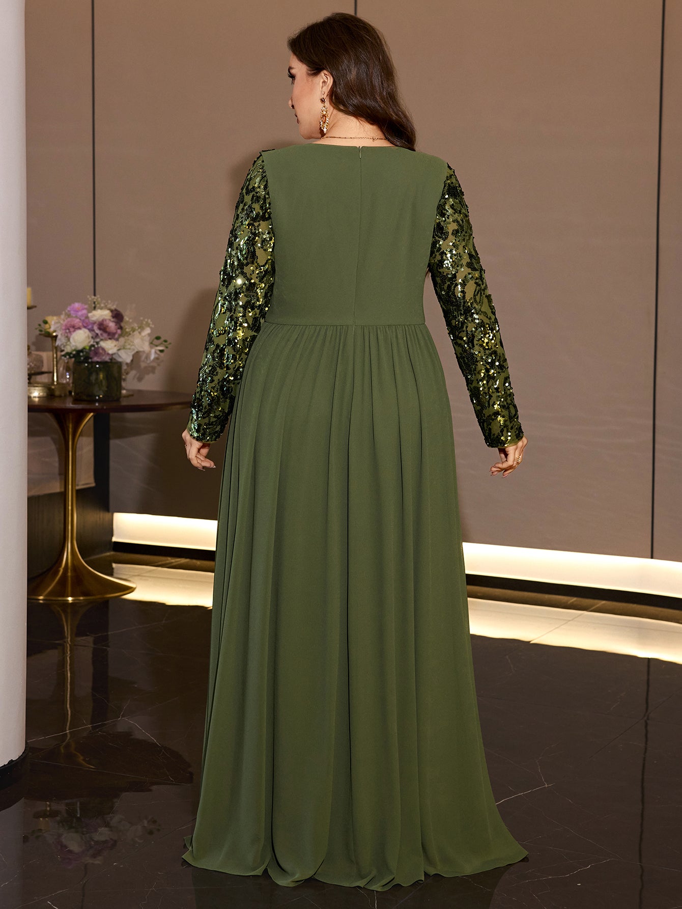 Olive Green Sequin Chiffon Maxi Gown