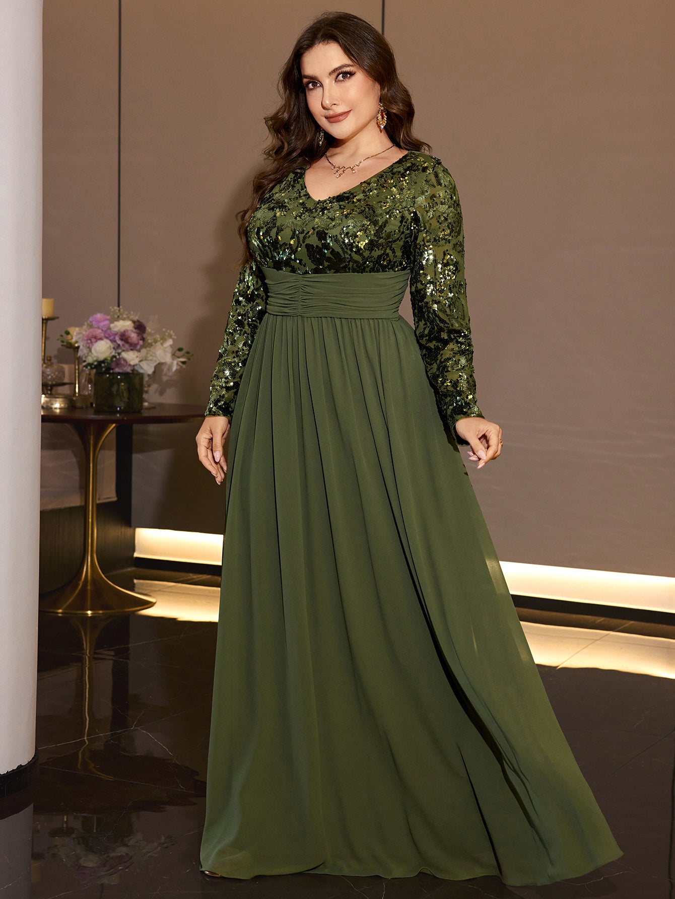 Olive Green Sequin Chiffon Maxi Gown
