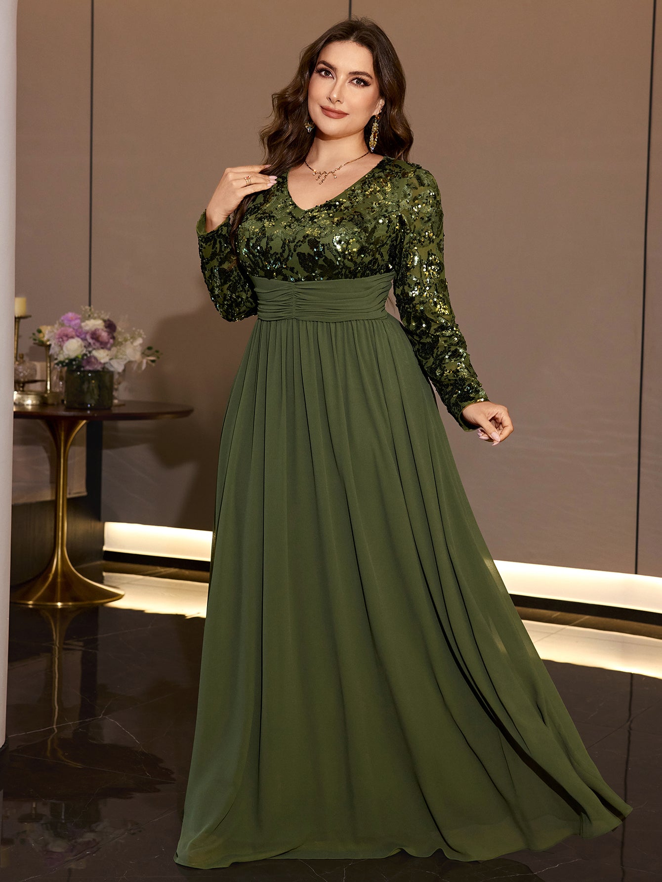 Olive Green Sequin Chiffon Maxi Gown