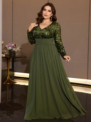 Olive Green Sequin Chiffon Maxi Gown