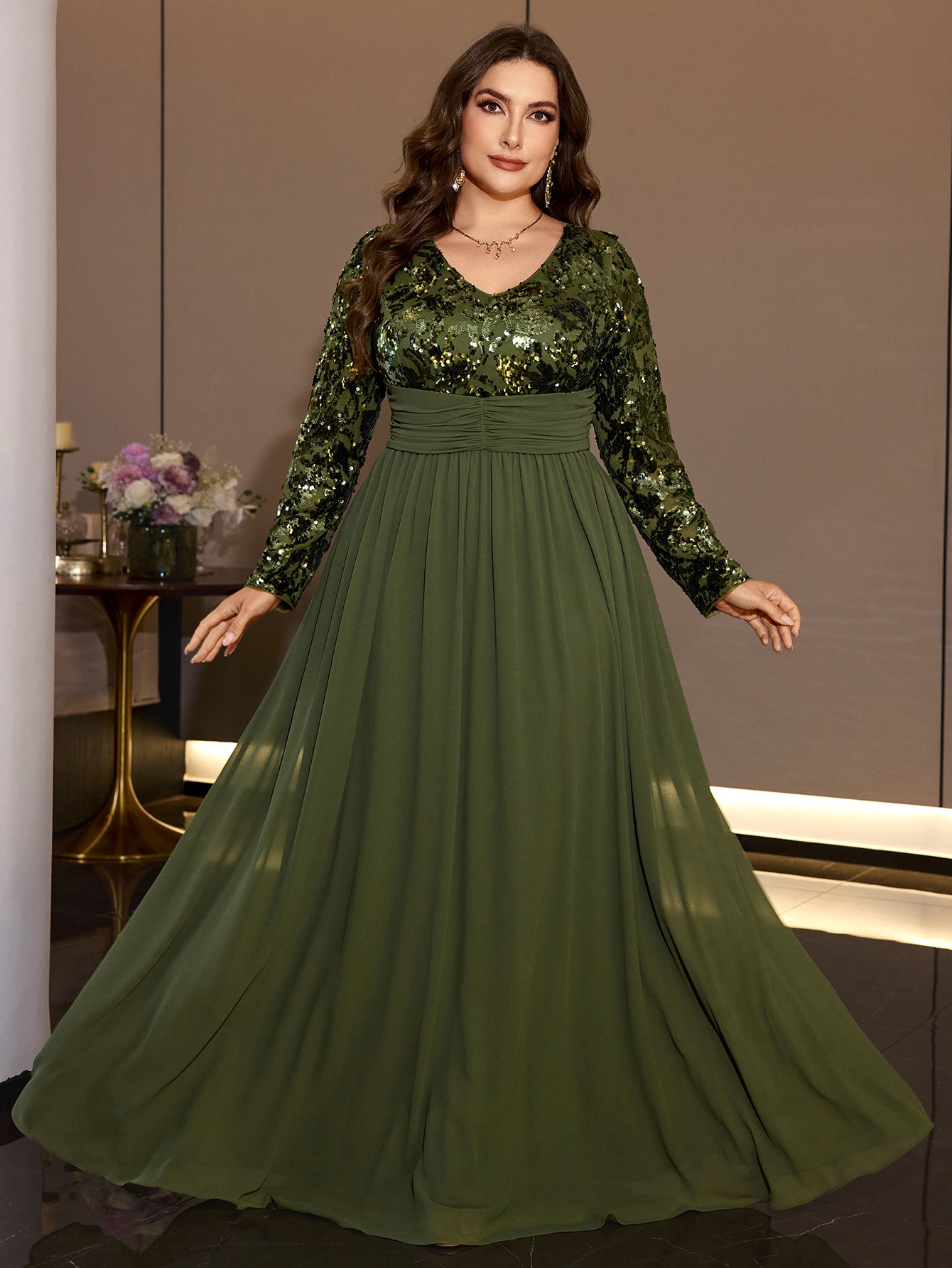 Olive Green Sequin Chiffon Maxi Gown