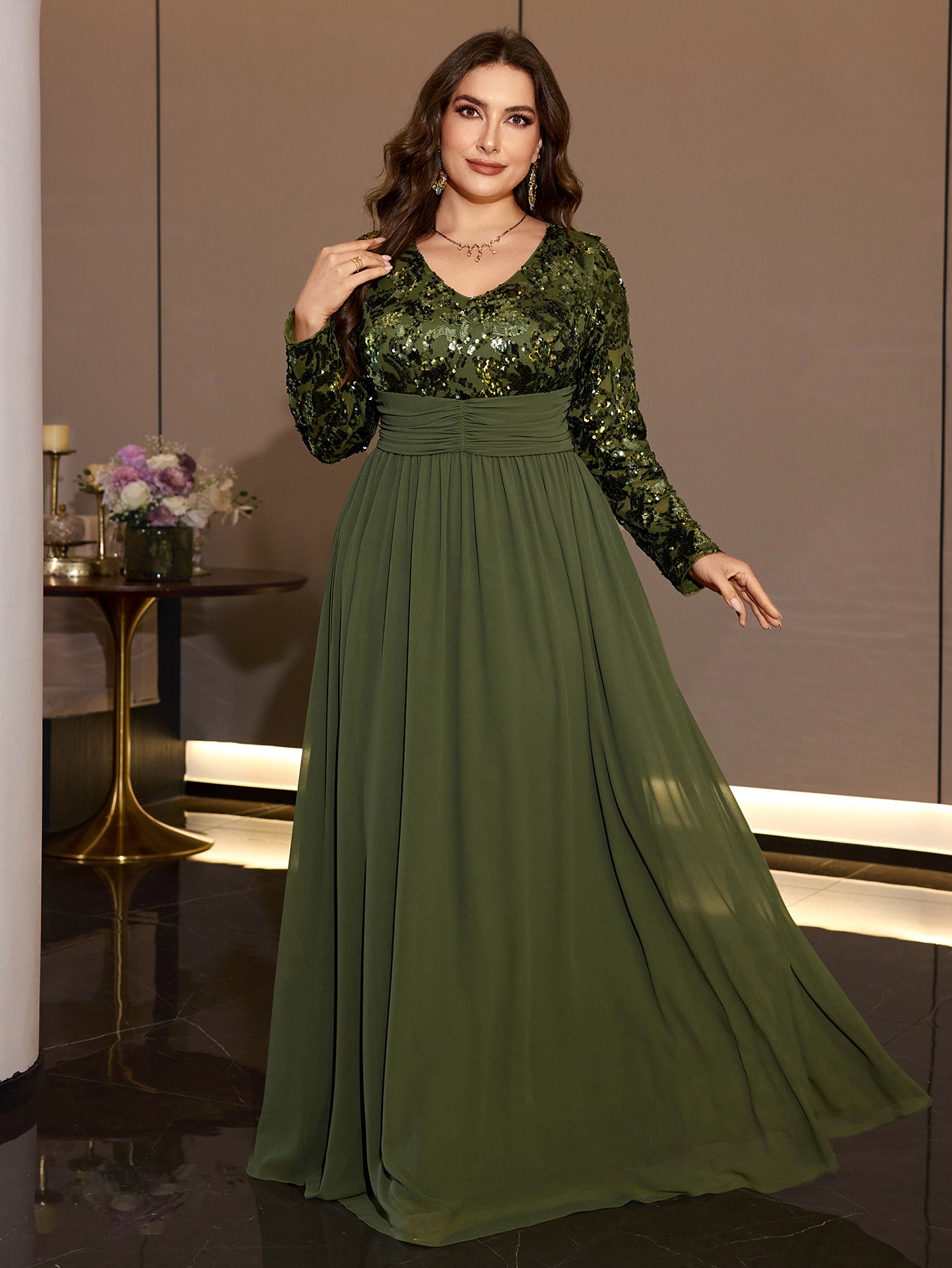Olive Green Sequin Chiffon Maxi Gown