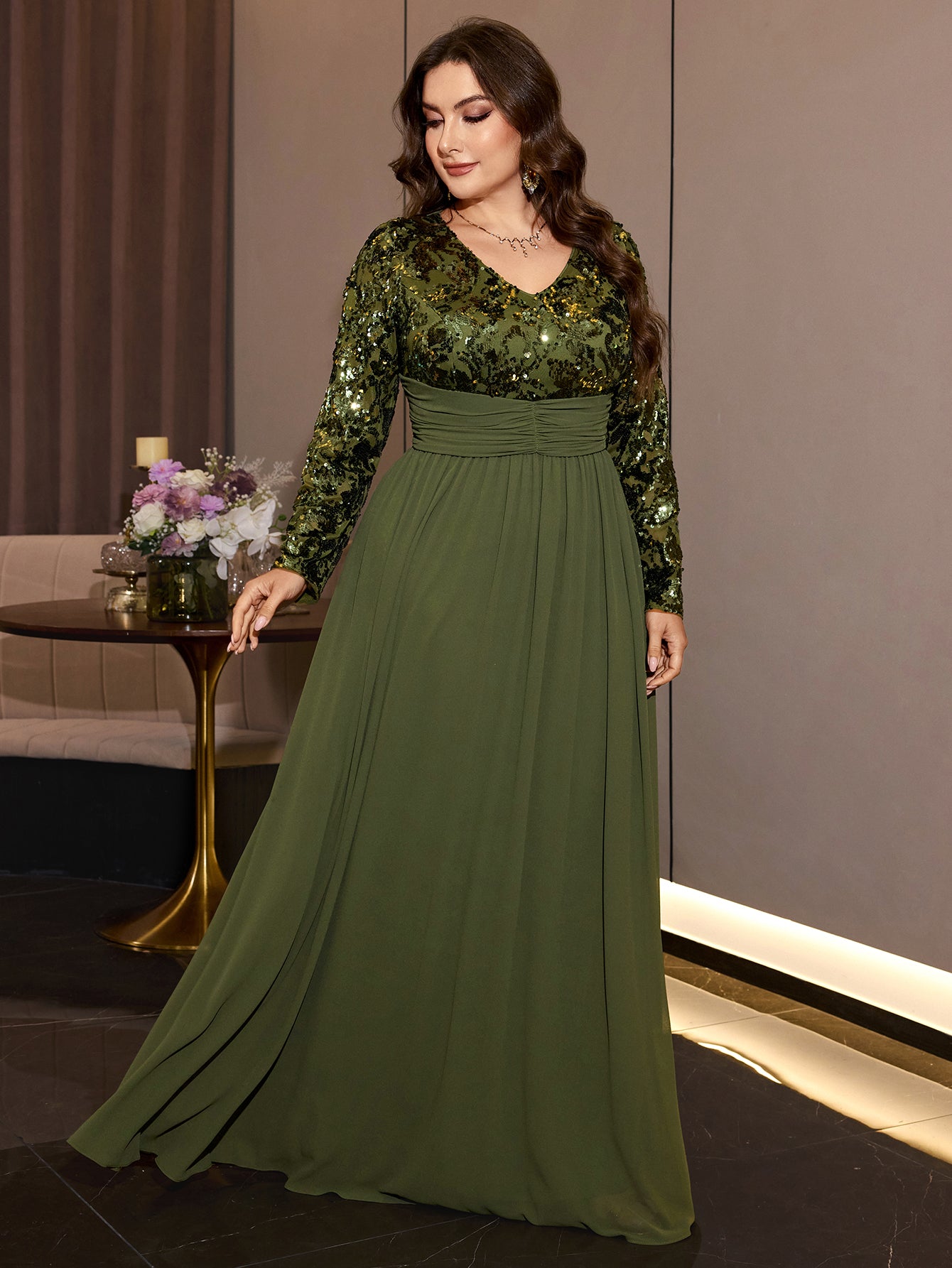 Olive Green Sequin Chiffon Maxi Gown