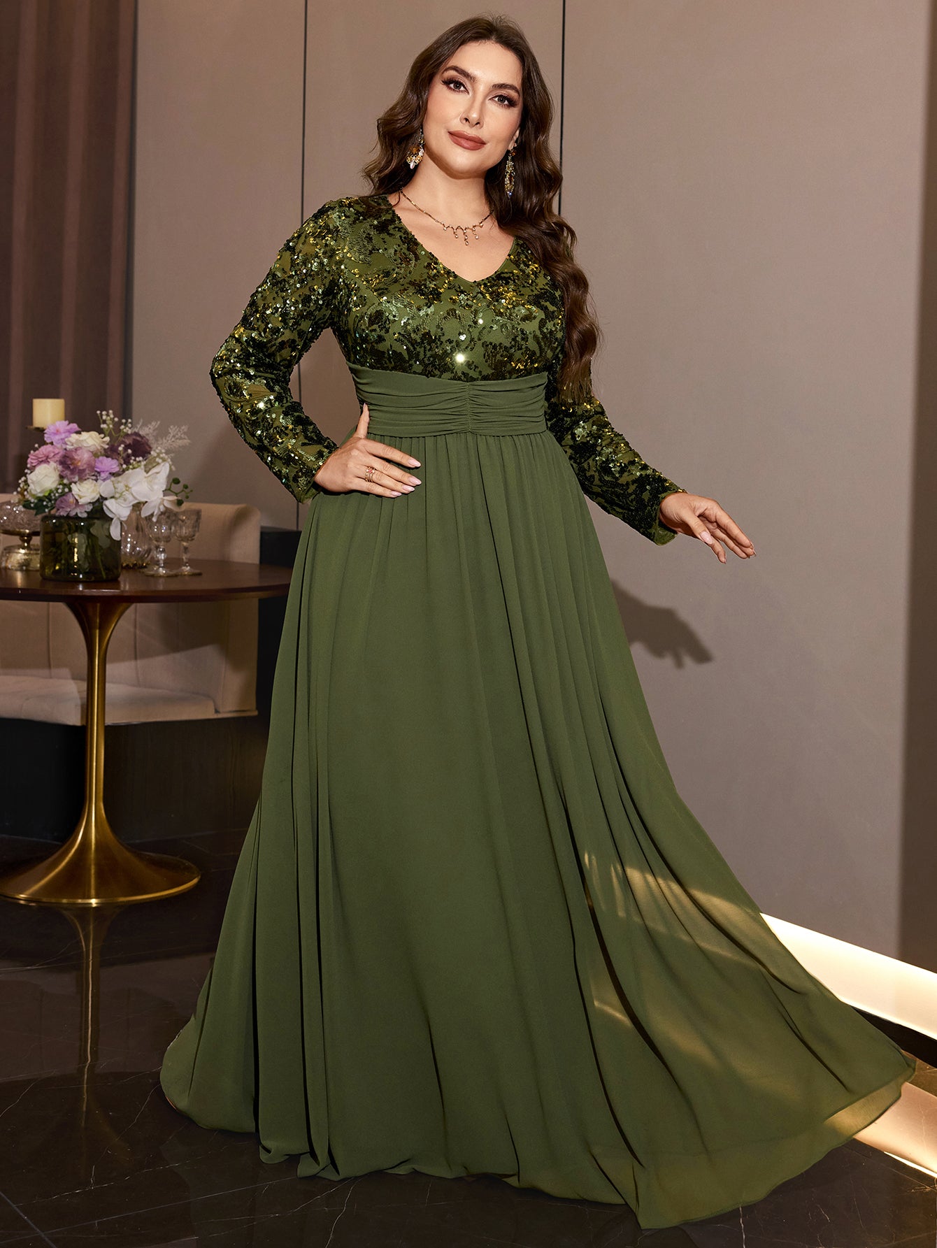 Olive Green Sequin Chiffon Maxi Gown