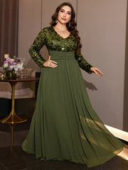Olive Green Sequin Chiffon Maxi Gown
