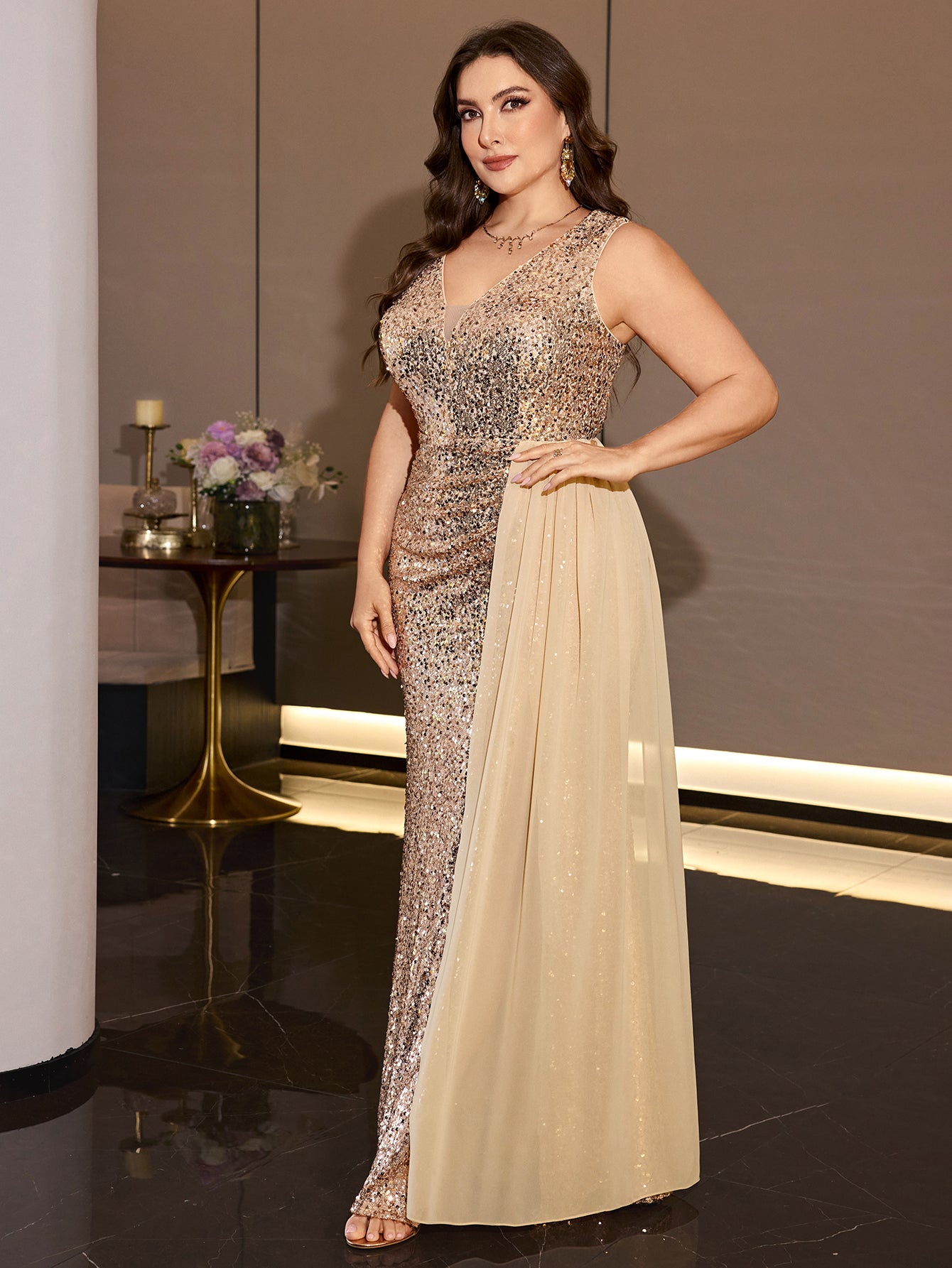 Plus Size Champagne Gold Sequin Deep V Neck Sleeveless Mermaid Maxi Dress High Slit Chiffon Overlay Formal Evening Gown