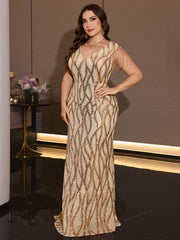 Plus Size Champagne Gold Wave Sequin V Neck Fringe Cap Sleeve Mermaid Maxi Evening Gown Floor Length Formal Party Dress