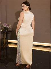 Plus Size Champagne Satin Color Block Sequin Maxi Dress Asymmetric Wrap V Neck Sleeveless High Slit Formal Evening Gown