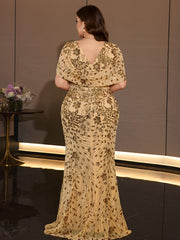 Plus Size Gold Sequin V Neck Flutter Sleeve Mermaid Evening Gown