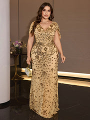 Plus Size Gold Sequin V Neck Flutter Sleeve Mermaid Evening Gown