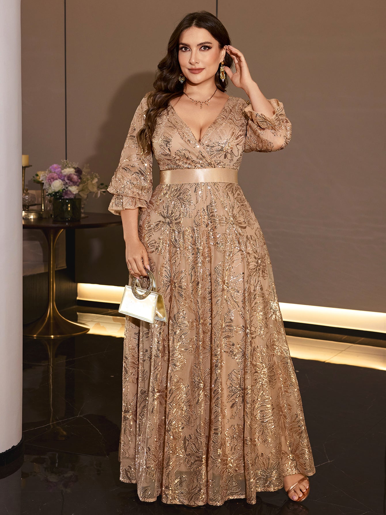 Plus Size Champagne Sequin Wrap V Neck Lantern Sleeve Maxi Evening Gown