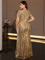 Plus Size Gold Sequin V Neck Short Sleeve Mermaid Maxi Evening Gown Curvy Floor Length Formal Party Dress for Wedding Gala