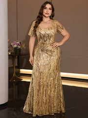 Plus Size Gold Sequin V Neck Short Sleeve Mermaid Maxi Evening Gown Curvy Floor Length Formal Party Dress for Wedding Gala