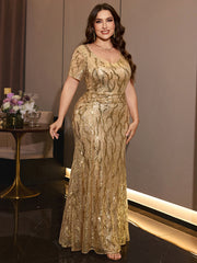 Plus Size Gold Sequin V Neck Short Sleeve Mermaid Maxi Evening Gown Curvy Floor Length Formal Party Dress for Wedding Gala
