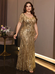 Plus Size Gold Sequin V Neck Short Sleeve Mermaid Maxi Evening Gown Curvy Floor Length Formal Party Dress for Wedding Gala