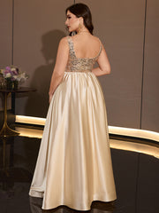 Plus Size Gold Sequin Satin A-Line Floor Length Evening Gown