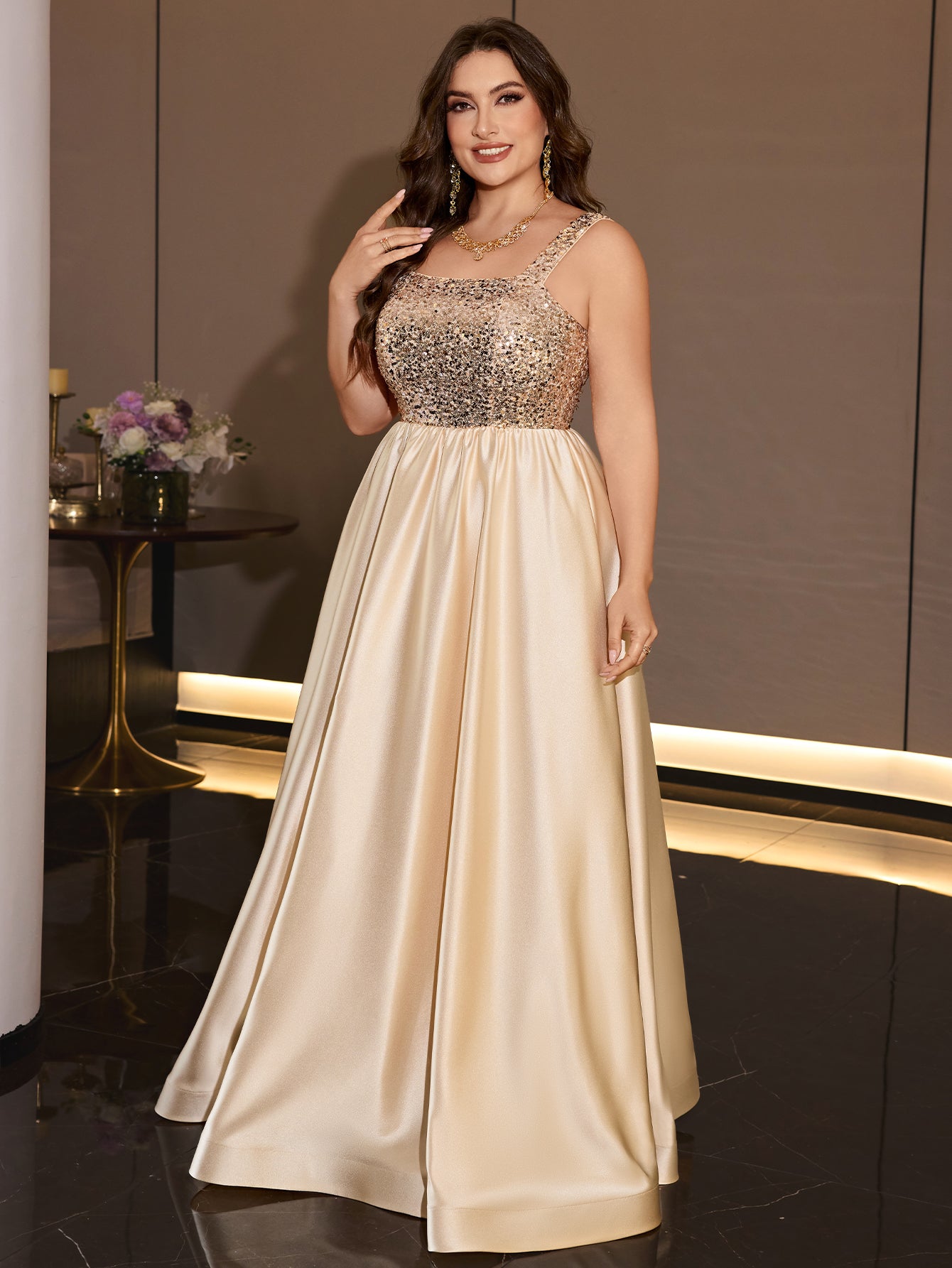 Plus Size Gold Sequin Satin A-Line Floor Length Evening Gown