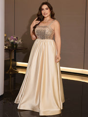Plus Size Gold Sequin Satin A-Line Floor Length Evening Gown