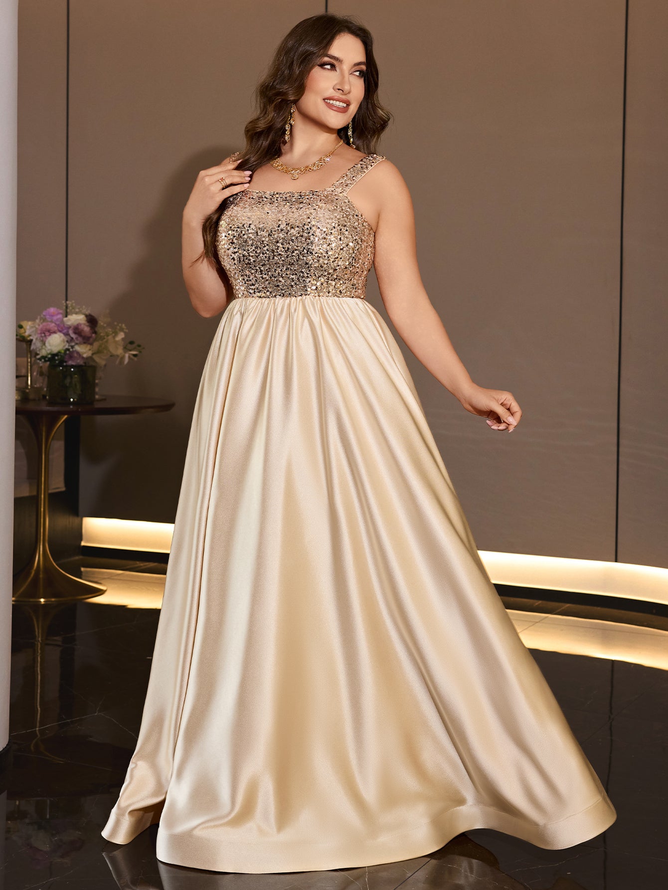 Plus Size Gold Sequin Satin A-Line Floor Length Evening Gown