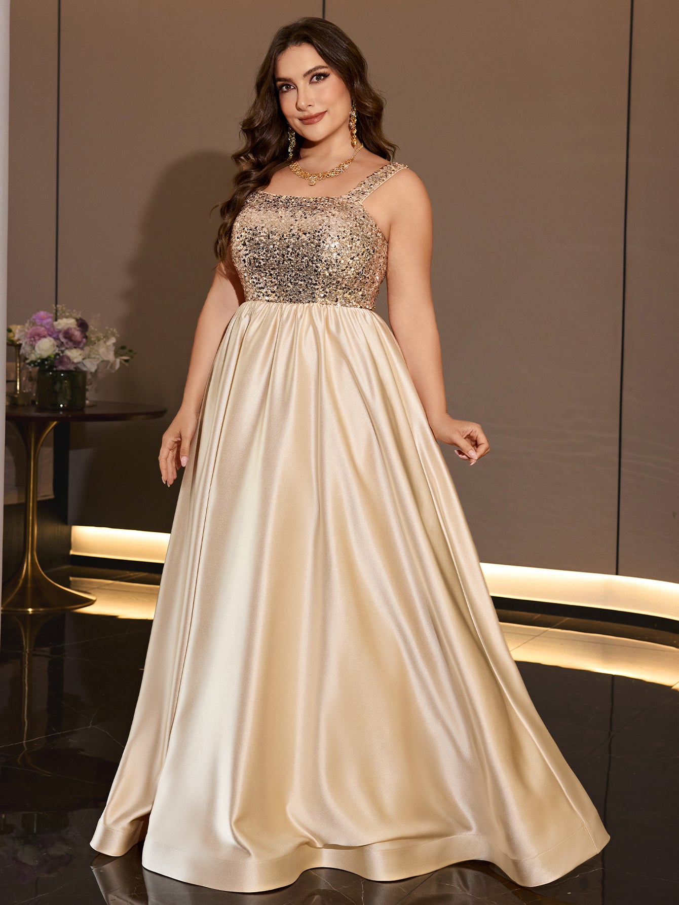 Plus Size Gold Sequin Satin A-Line Floor Length Evening Gown