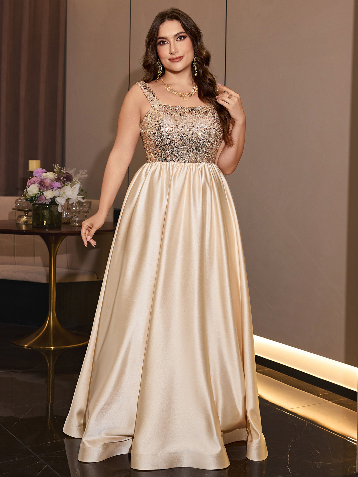 Plus Size Gold Sequin Satin A-Line Floor Length Evening Gown