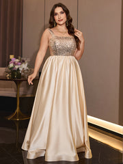 Plus Size Gold Sequin Satin A-Line Floor Length Evening Gown