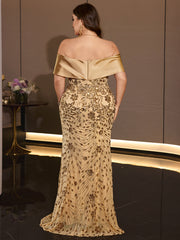 Plus Size Fold Over Off Shoulder Gold Sequin Mermaid Evening Gown