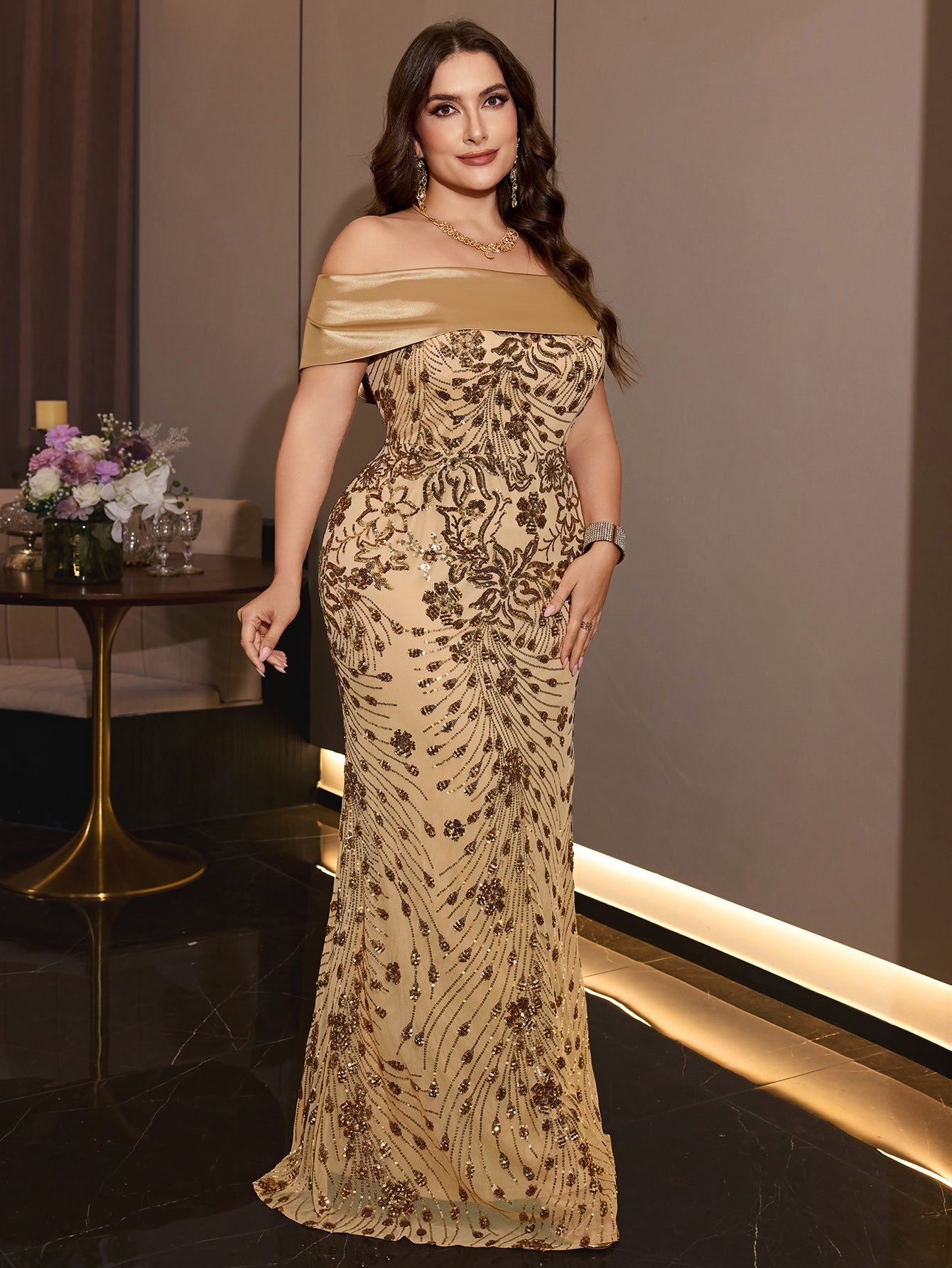 Plus Size Fold Over Off Shoulder Gold Sequin Mermaid Evening Gown