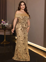 Plus Size Fold Over Off Shoulder Gold Sequin Mermaid Evening Gown
