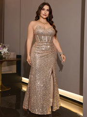 Champagne Sequin Corset Mermaid Slit Maxi Evening Dress