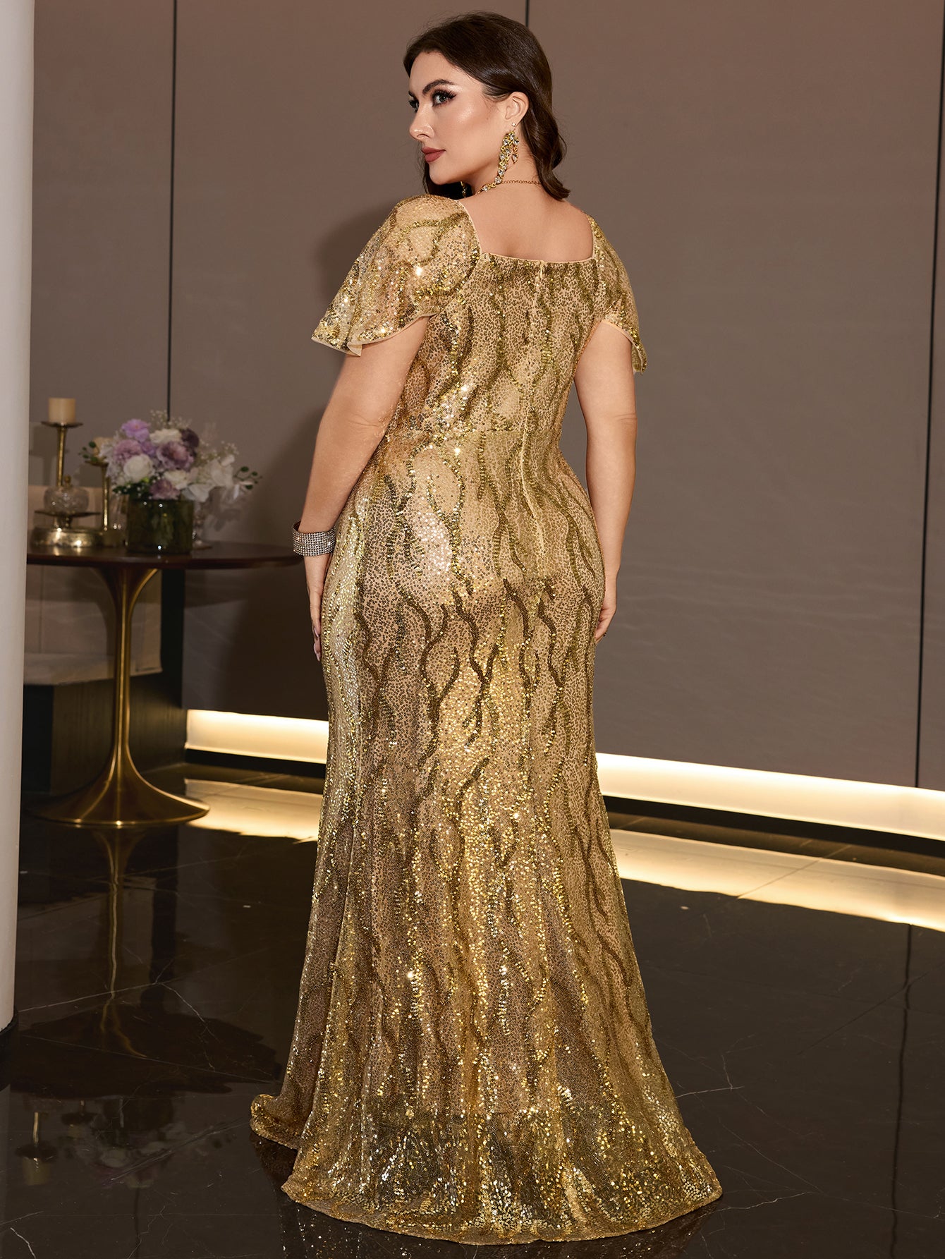 Plus Size Gold Sequin V Neck Flutter Sleeve Mermaid Evening Gown