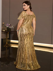 Plus Size Gold Sequin V Neck Flutter Sleeve Mermaid Evening Gown