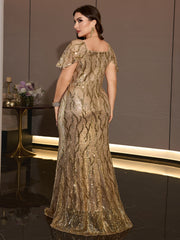Plus Size Gold Sequin V Neck Flutter Sleeve Mermaid Evening Gown