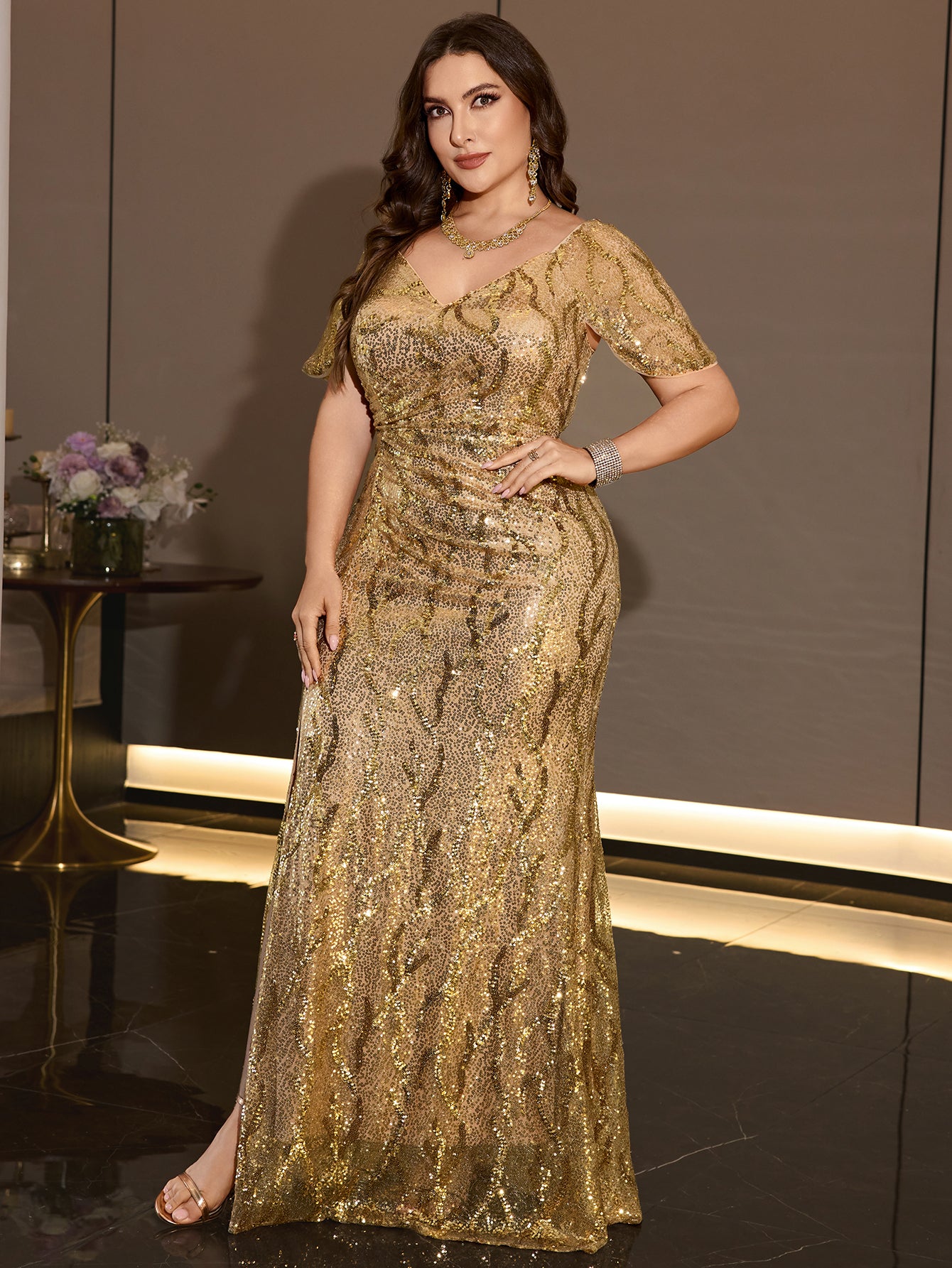 Plus Size Gold Sequin V Neck Flutter Sleeve Mermaid Evening Gown