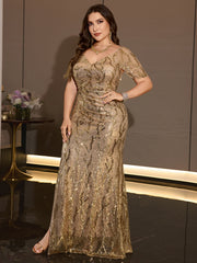 Plus Size Gold Sequin V Neck Flutter Sleeve Mermaid Evening Gown