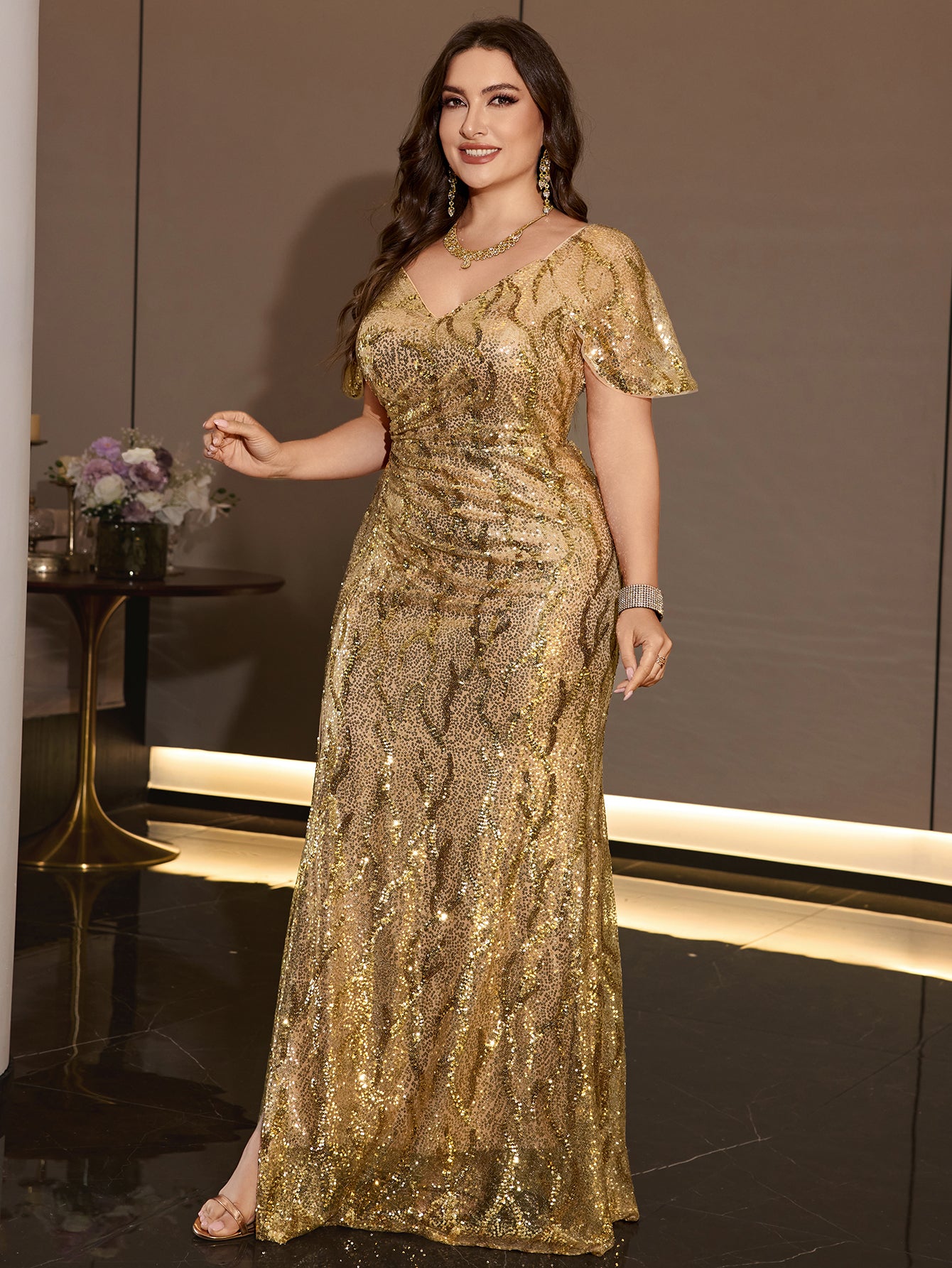 Plus Size Gold Sequin V Neck Flutter Sleeve Mermaid Evening Gown