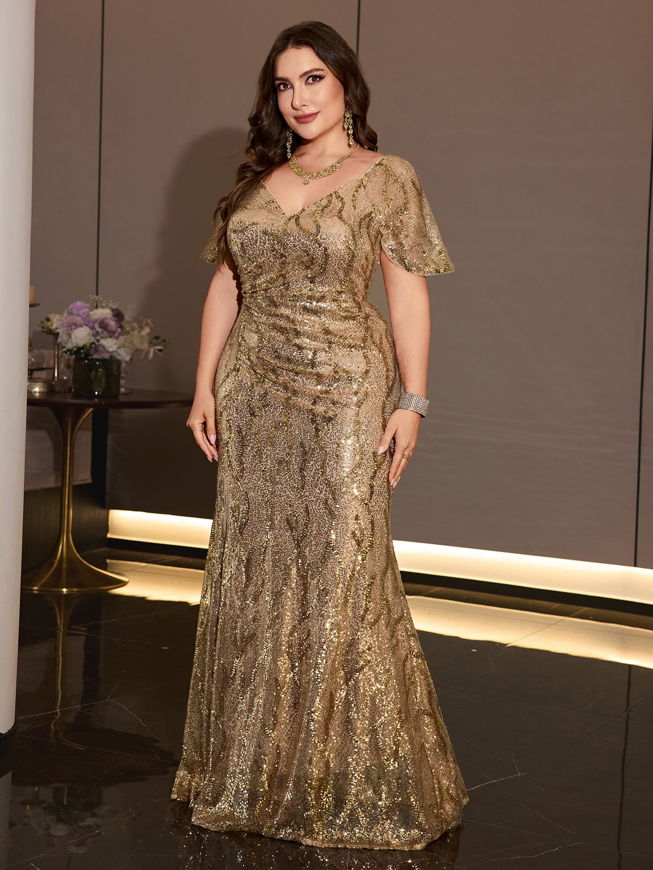 Plus Size Gold Sequin V Neck Flutter Sleeve Mermaid Evening Gown