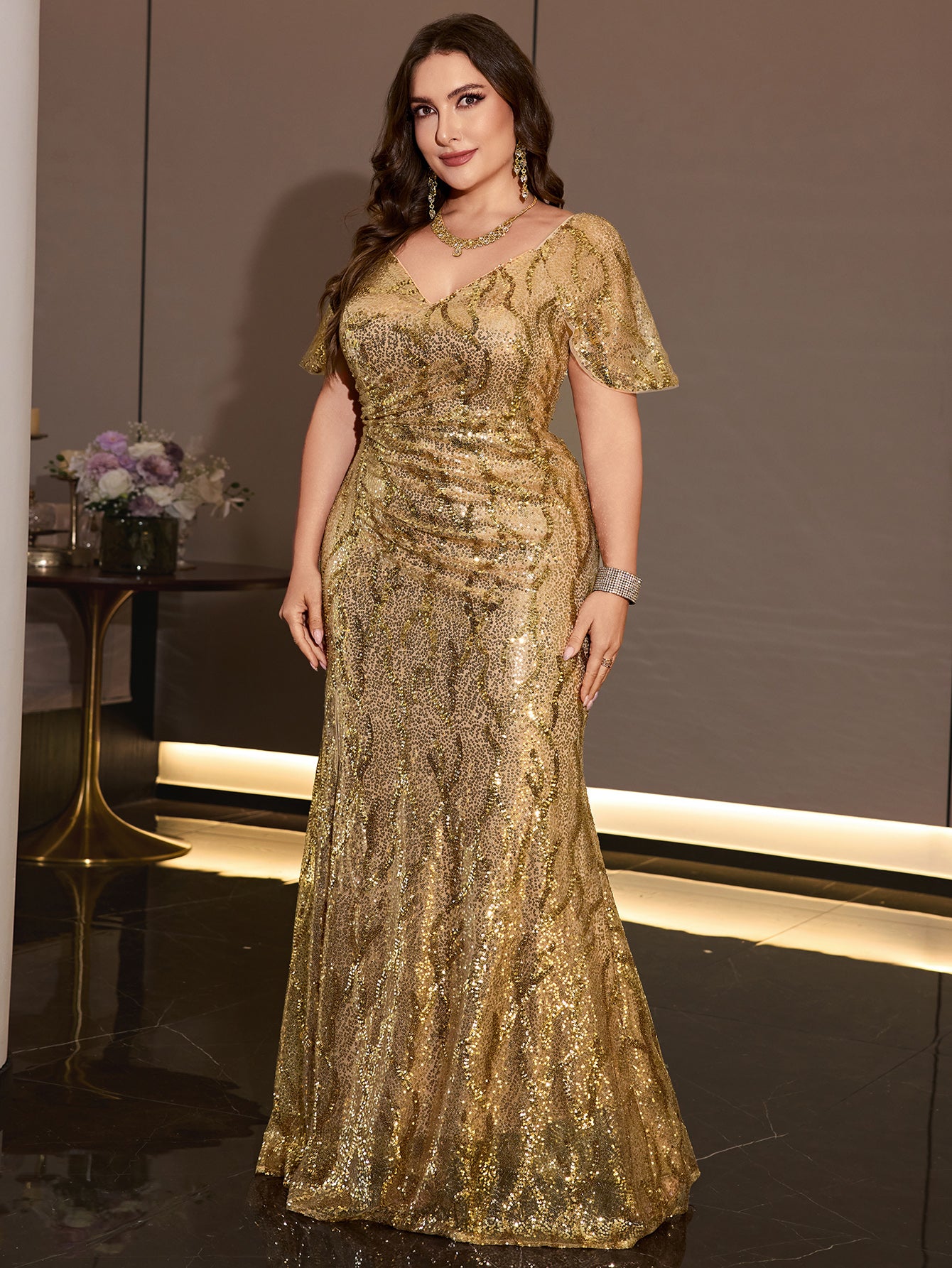 Plus Size Gold Sequin V Neck Flutter Sleeve Mermaid Evening Gown