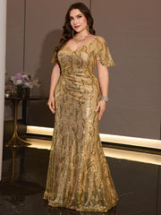 Plus Size Gold Sequin V Neck Flutter Sleeve Mermaid Evening Gown