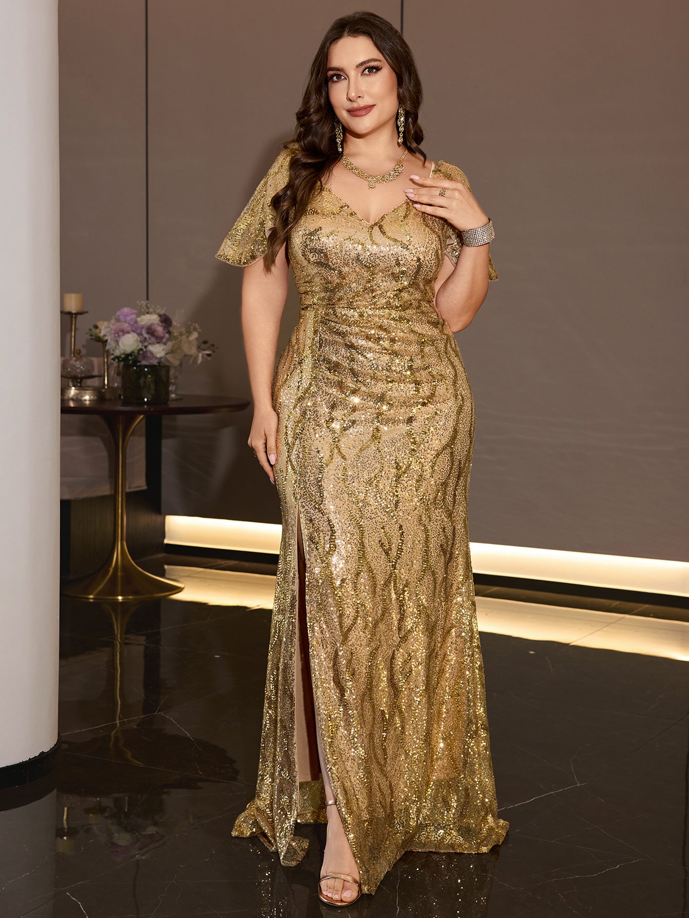Plus Size Gold Sequin V Neck Flutter Sleeve Mermaid Evening Gown