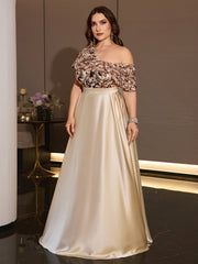Champagne Satin One Shoulder A-Line Evening Gown